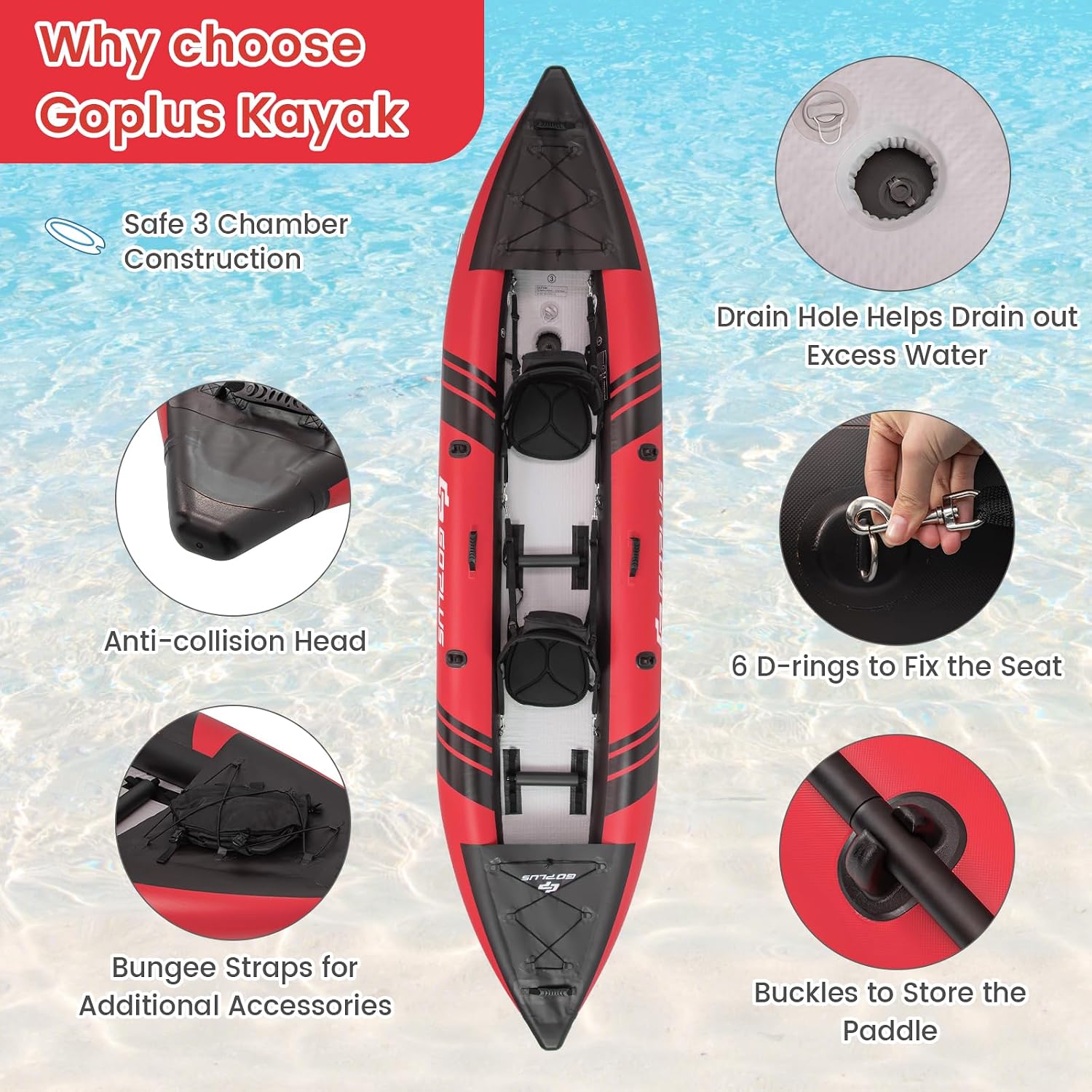 Goplus Tandem Inflatable Kayak, 12.5FT 2-Person Kayak for Adults w/507 LBS Weight Capacity, 2 Aluminium Oars, Padded Seat, 2 Fins, Hand Pump, Carry Bag, Repair Kit, Portable Touring Kayaks