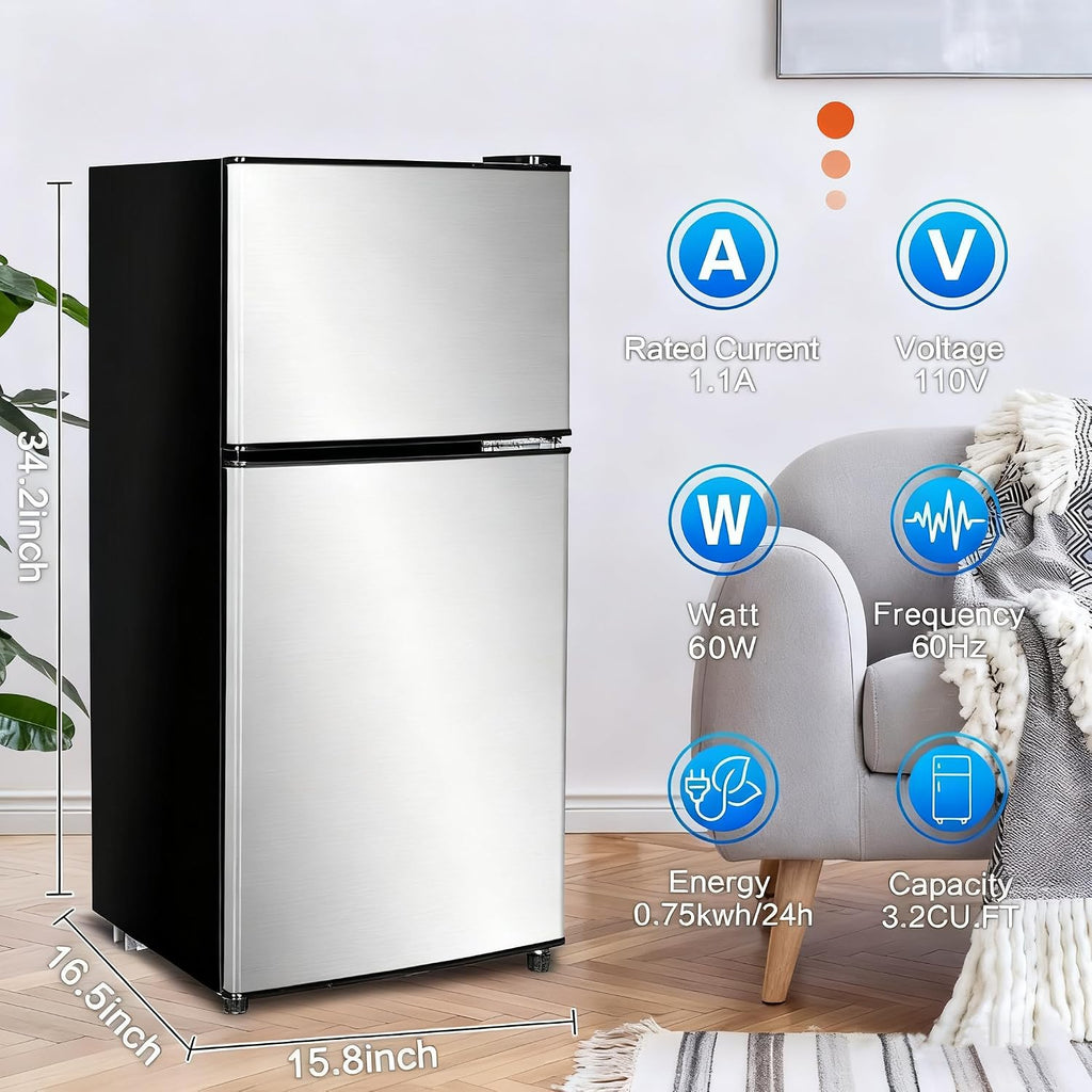 Anukis Compact Refrigerator 3.2 Cu Ft 2 Door Mini Fridge with Freezer for Apartment, Dorm, Office, Family, Basement, Garage - Silver