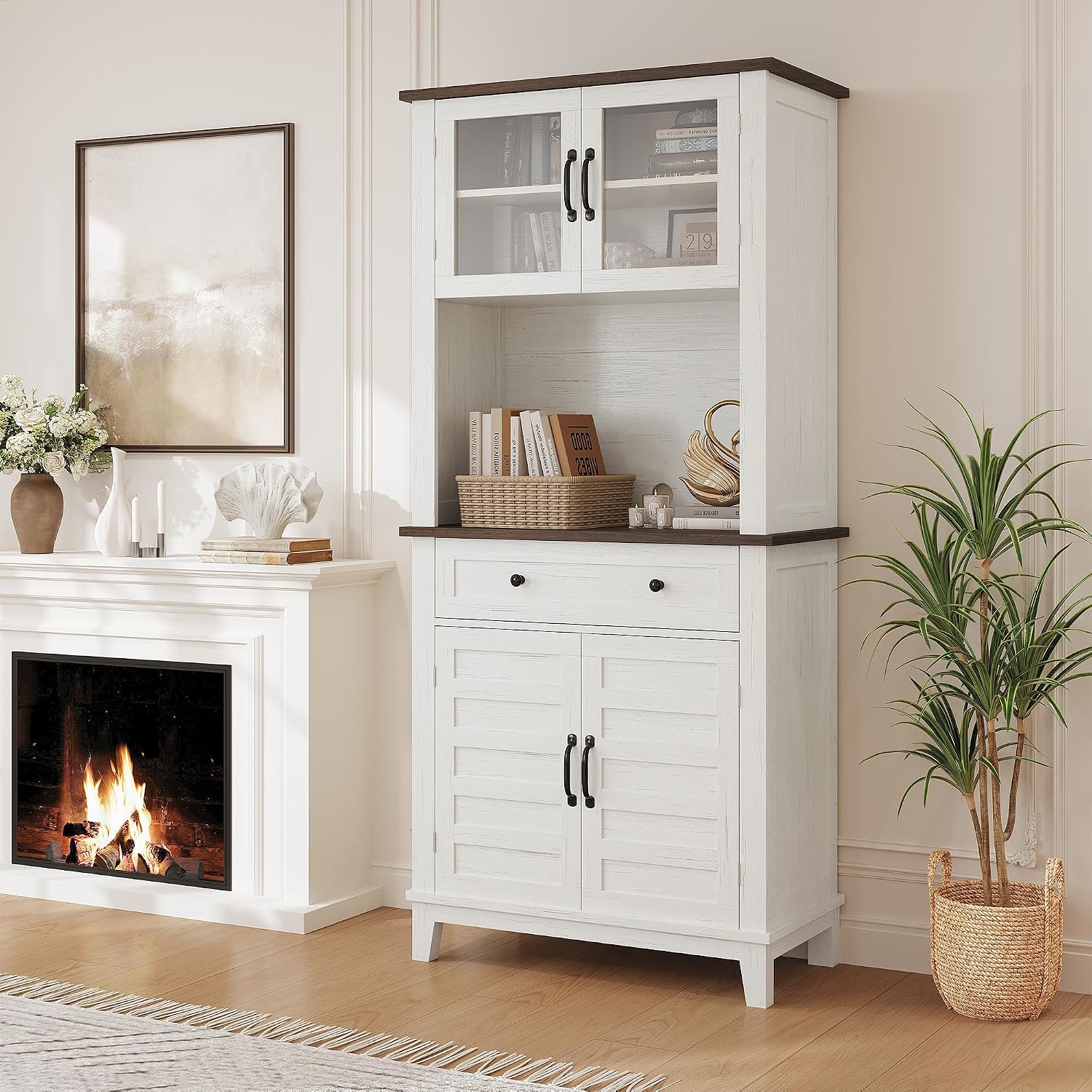 GAOMON Elegant 72' White Pantry Coffee Bar Cabinet – Tall Kitchen Storage with Adjustable Shelves, 4 Glass Doors & 1 Drawer – Multi-Functional Hutch for Dining Room & Kitchen, White