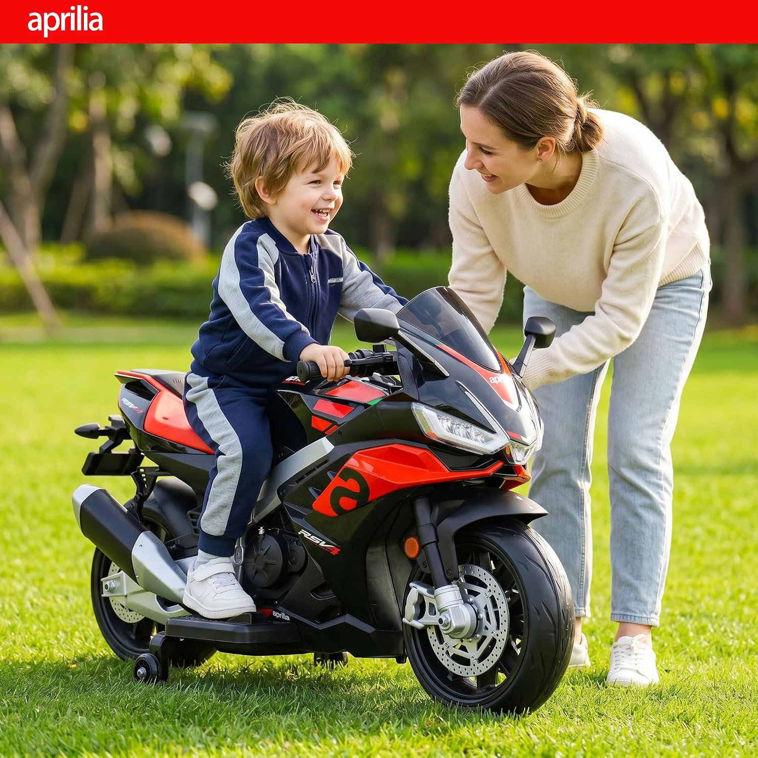 TCARAIWEN Aprilia Licensed 24V Kids Electric Motorcycle,Ride-On Motorcycle Speed Up to 8mph with Side Wheels, Key Switch and Mp3 (Normal Motors - 24V, Black)