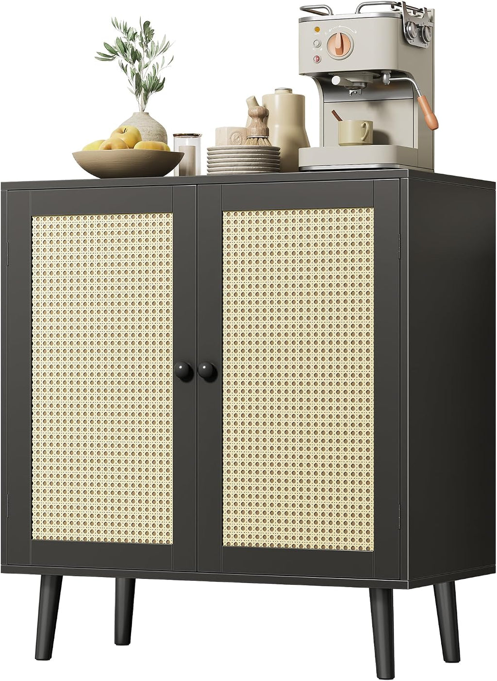 Huuger Buffet Cabinet with Storage, Storage Cabinet with Synthetic Rattan Decor Doors, Solid Wood Feet, for Hallway, Entry, Living Room, Black