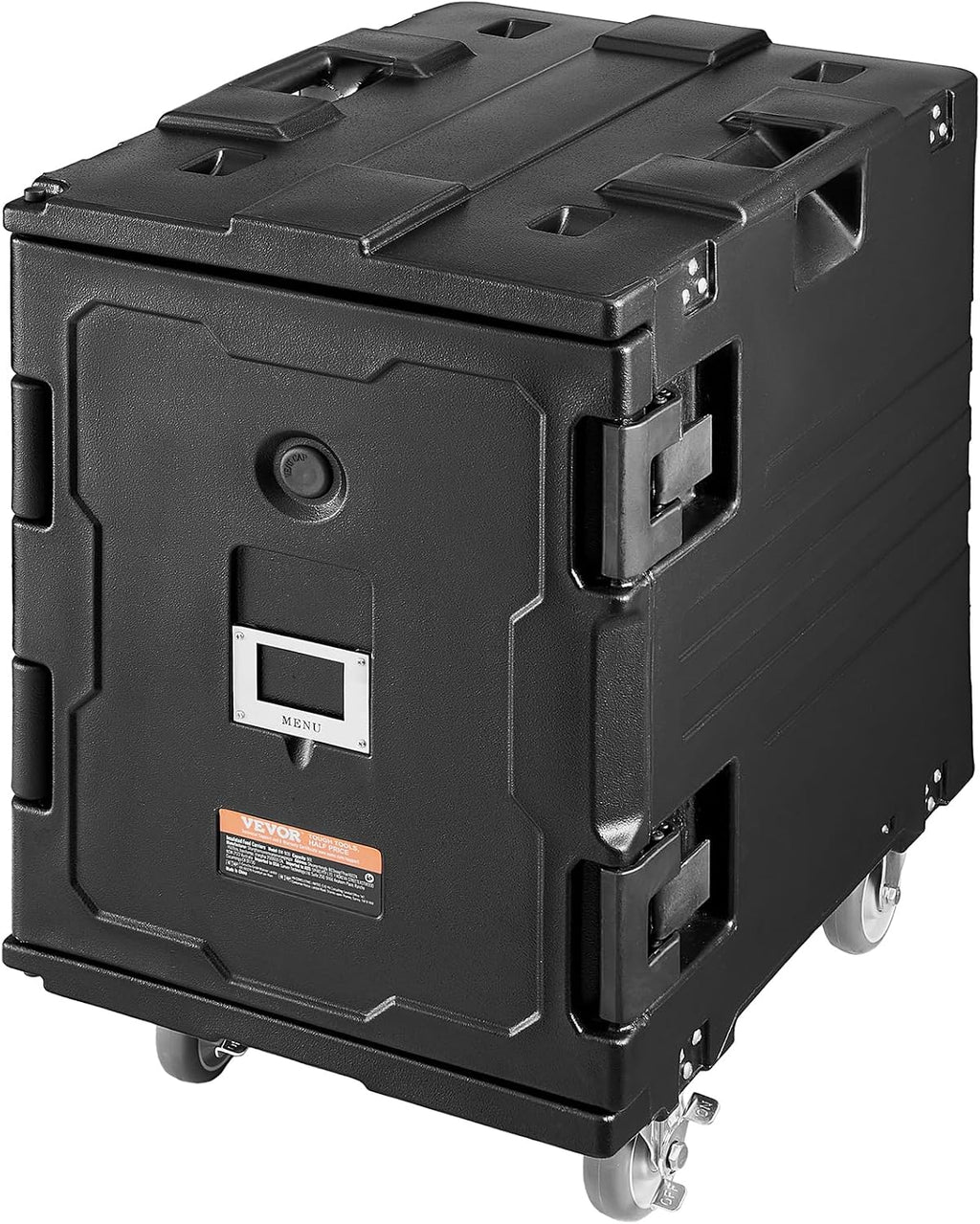 VEVOR Insulated Food Pan Carrier, 95 Qt Hot Box for Catering, LLDPE Food Box Carrier w/One-Piece Buckle, Front Loading Food Warmer w/Handles, End Loader w/Wheels for Restaurant, Canteen, etc. Black