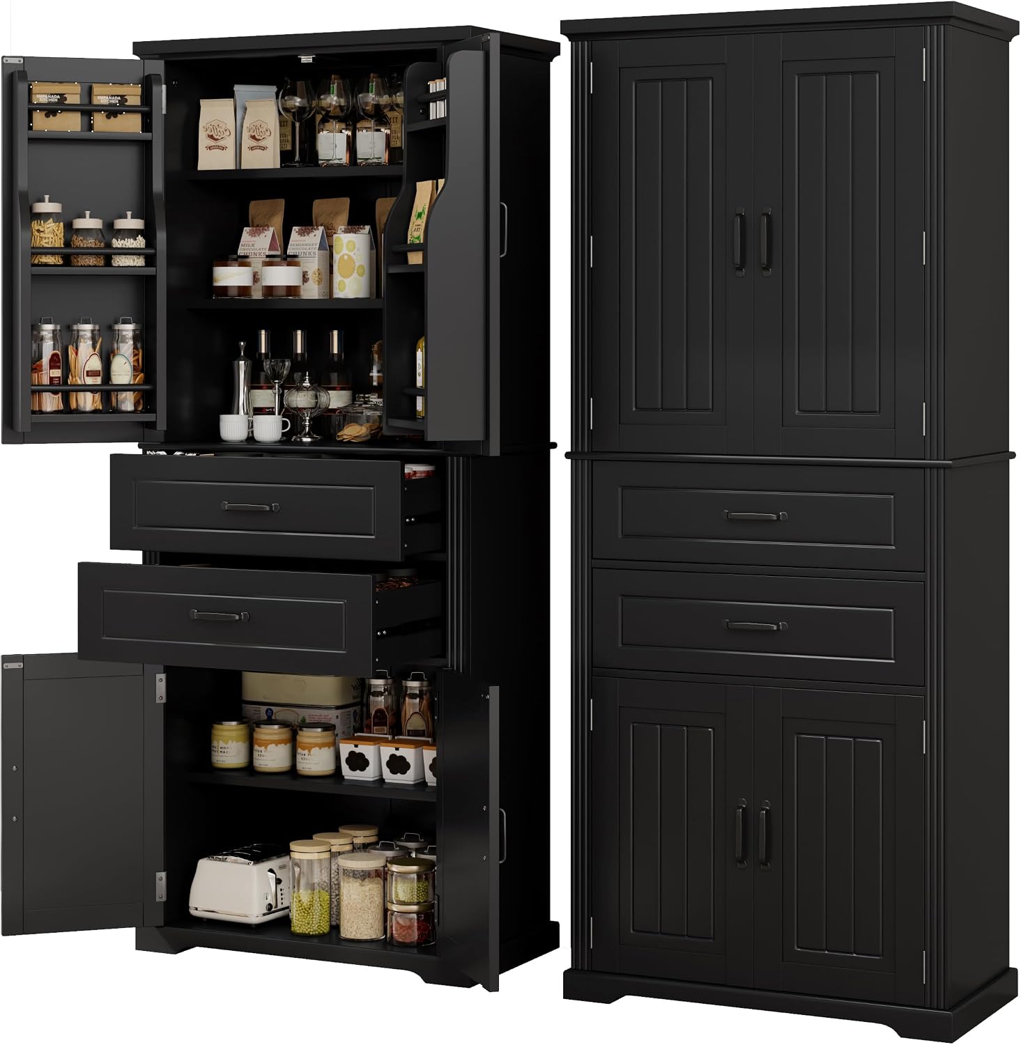Storage Cabinet with 4 Doors and Drawers, 72.5' H Kitchen Cabinet with 6 Door Shelves, Kitchen Storage Cabinets with Adjustable Shelves for Living Room, Black