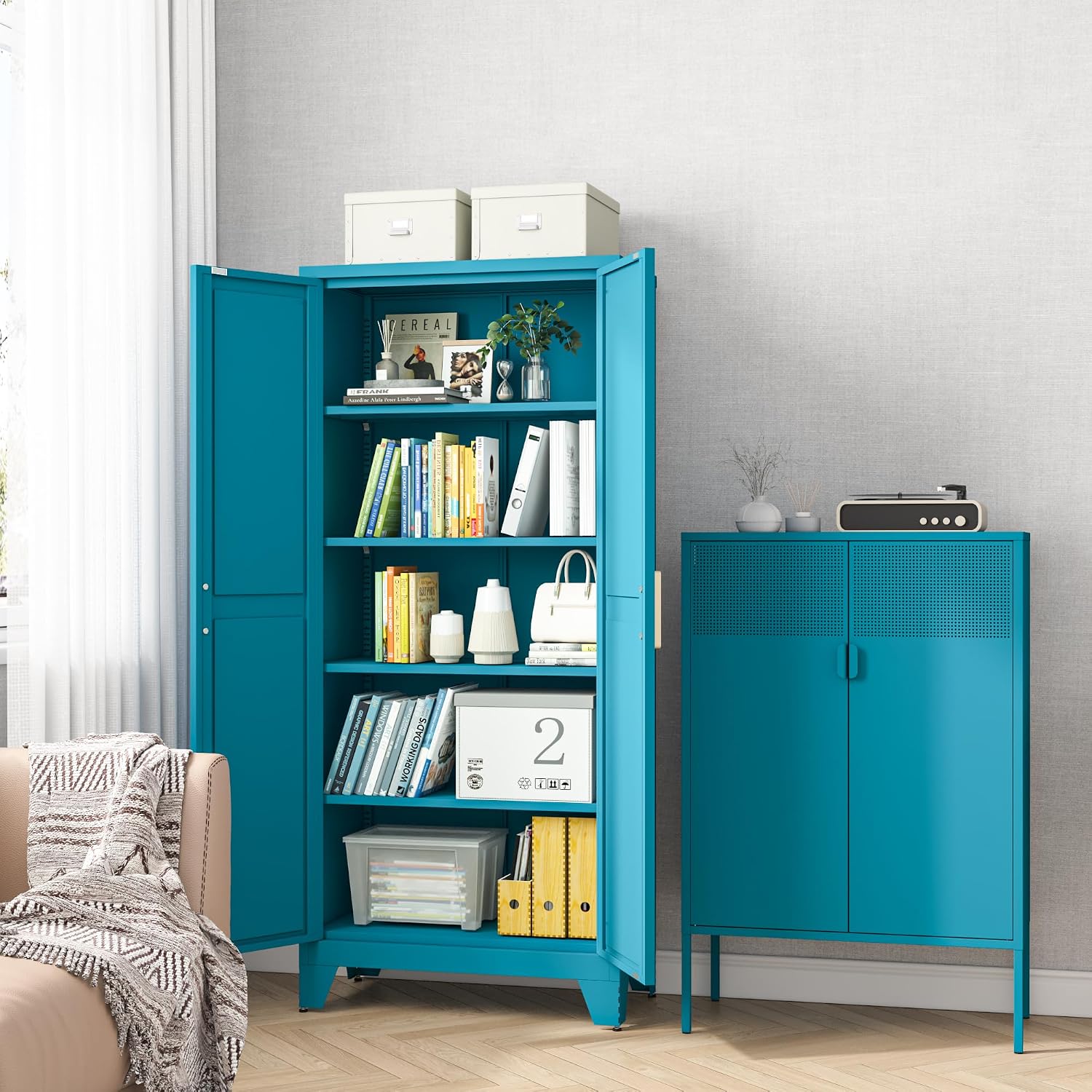 71H Tall Metal Storage Cabinet with 2 Doors and 5 Shelves, Farmhouse Storage Cabinet with Barn Doors, Pantry Storage for Home, Office, Bathroom, Dining Room, Kitchen (Blue)