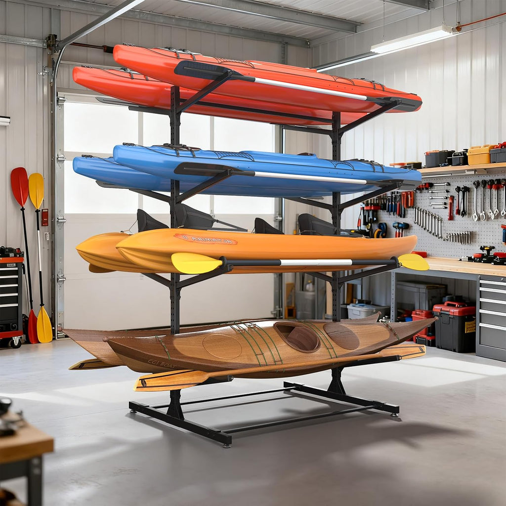LotFun Kayak Storage Rack, Freestanding Heavy Duty Adjustable Kayak Stand Indoor Outdoor Storage Rack Garage, with Wheels and Foot Pad, for Kayaks, SUPs, Canoes, Surfboard (4 Levels for 8 Kayaks)