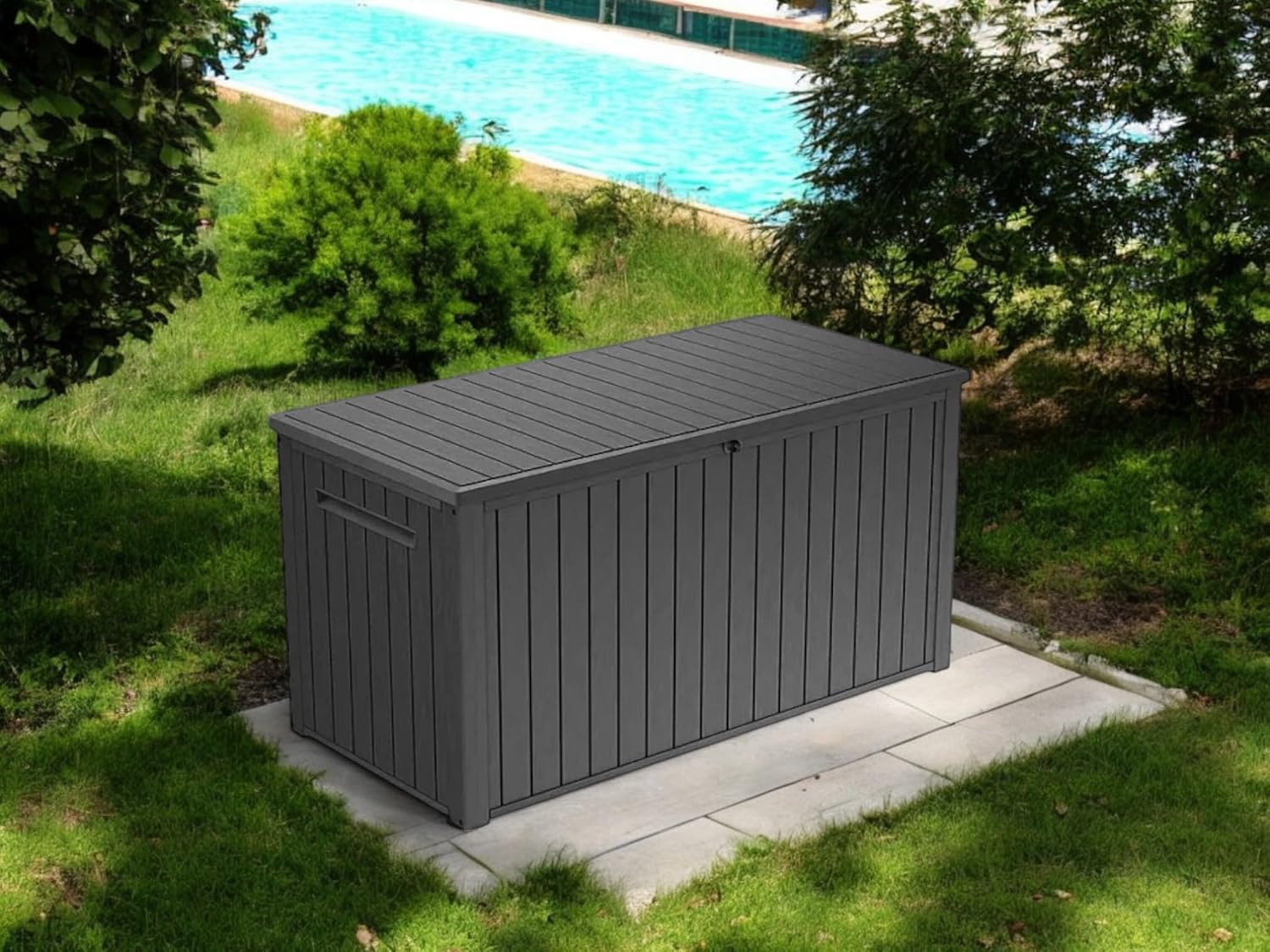Stylish Indoor/Outdoor Storage Deck Box,Resin,Large Capacity, Weather-Resistant, Lockable lid and Side handles. (Black, 170 Gallon)