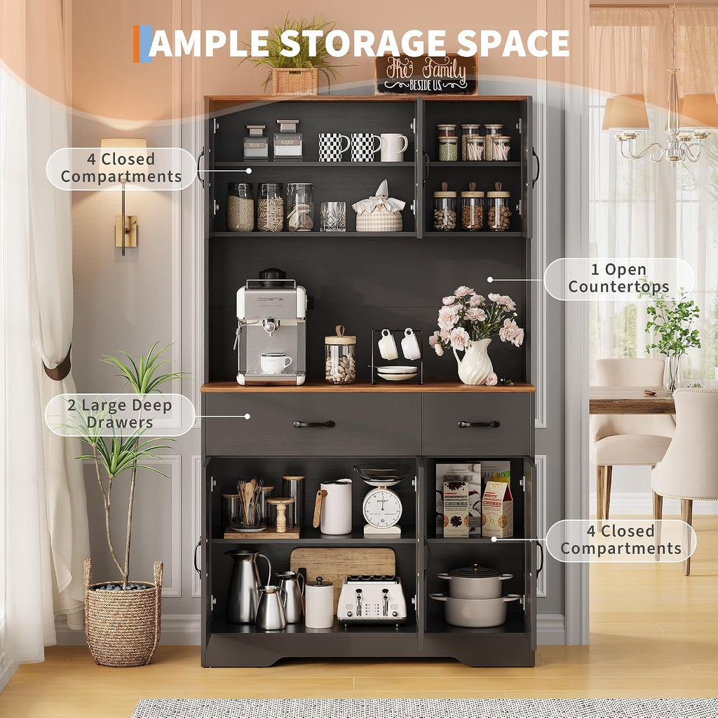 IDEALHOUSE 71' Kitchen Pantry Storage Cabinet with Charging Station, Farmhouse Kitchen Hutch Cabinet with 2 Storage Drawers, Large Food Pantry with Microwave Stand for Dining Room,Living Room,Black