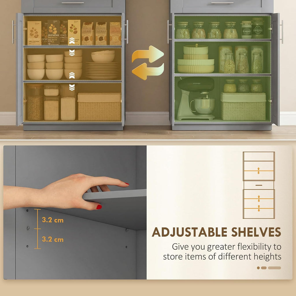 HOMCOM 72' Kitchen Pantry Cabinet, Freestanding Tall Storage Cabinet with 4 Doors, Drawer and 3 Adjustable Shelves for Dining Room, Gray