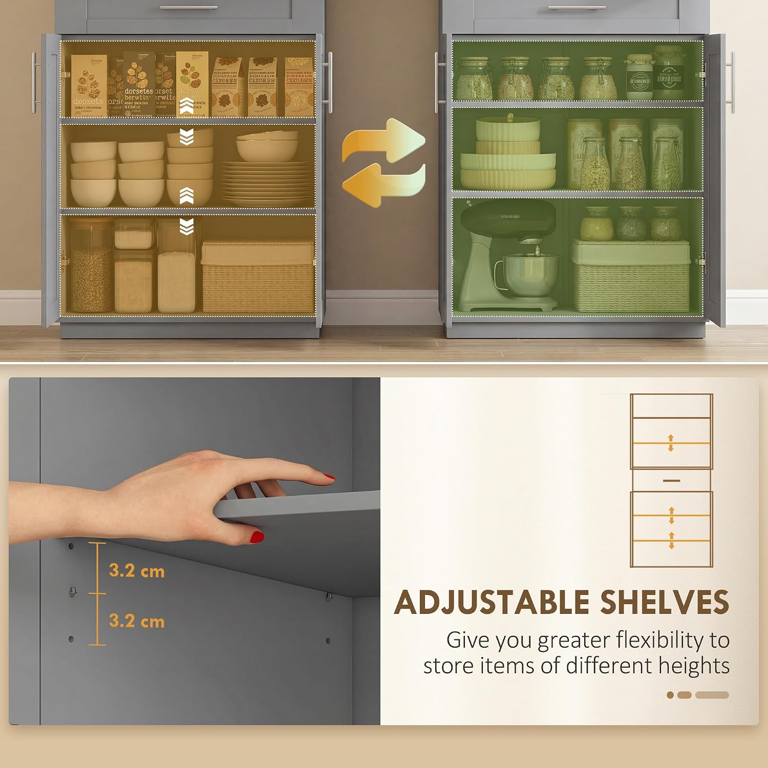 HOMCOM 72' Kitchen Pantry Cabinet, Freestanding Tall Storage Cabinet with 4 Doors, Drawer and 3 Adjustable Shelves for Dining Room, Gray
