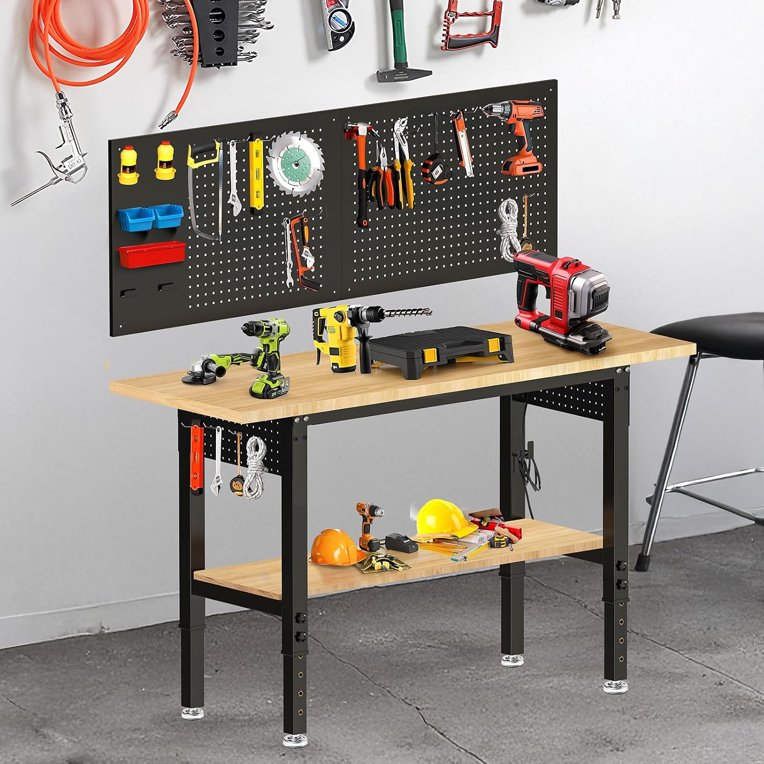 60' Adjustable Height Workbench Work Bench for Garage Work Table with Under Table Shelf Heavy Duty Rubber Wood Top for Shop Woodworking, Office, Home, Commercial