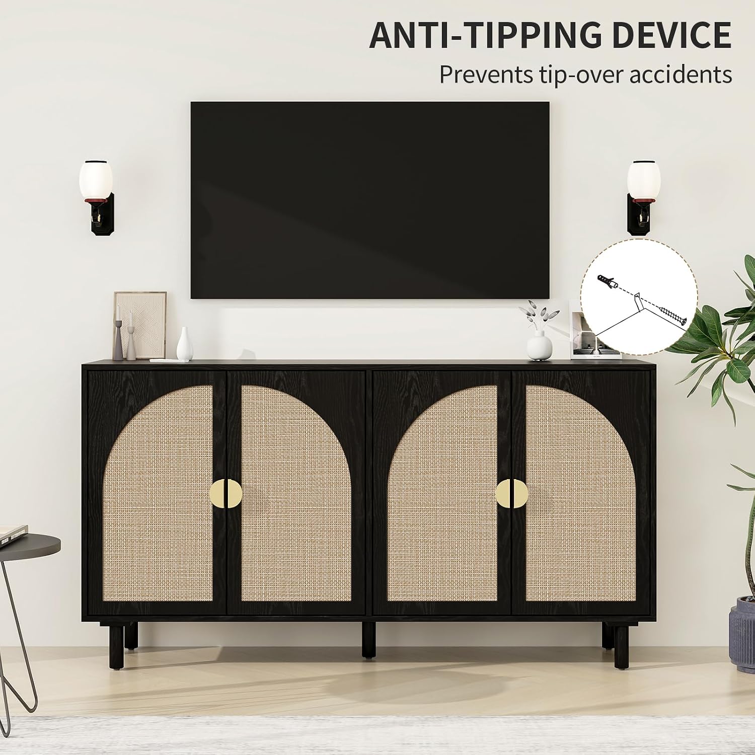 vistavie Black Rattan Buffet 4-Door Storage Cabinet with Adjustable Shelves, Solid Pine Legs, Sideboard TV Stand for Living Room, Coffee Bar for Dining Room & Kitchen