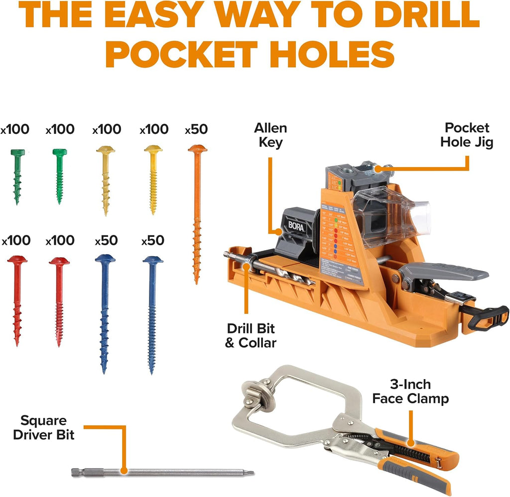 BORA Automatic Pocket Hole Jig with 750 pc Screw Set & 3 inch Face Clamp, Auto Adjusting Drill Guide, Pocket Hole Jig Kit for Woodworking - For Materials 1/2 inch to 1 1/2 inch Thick