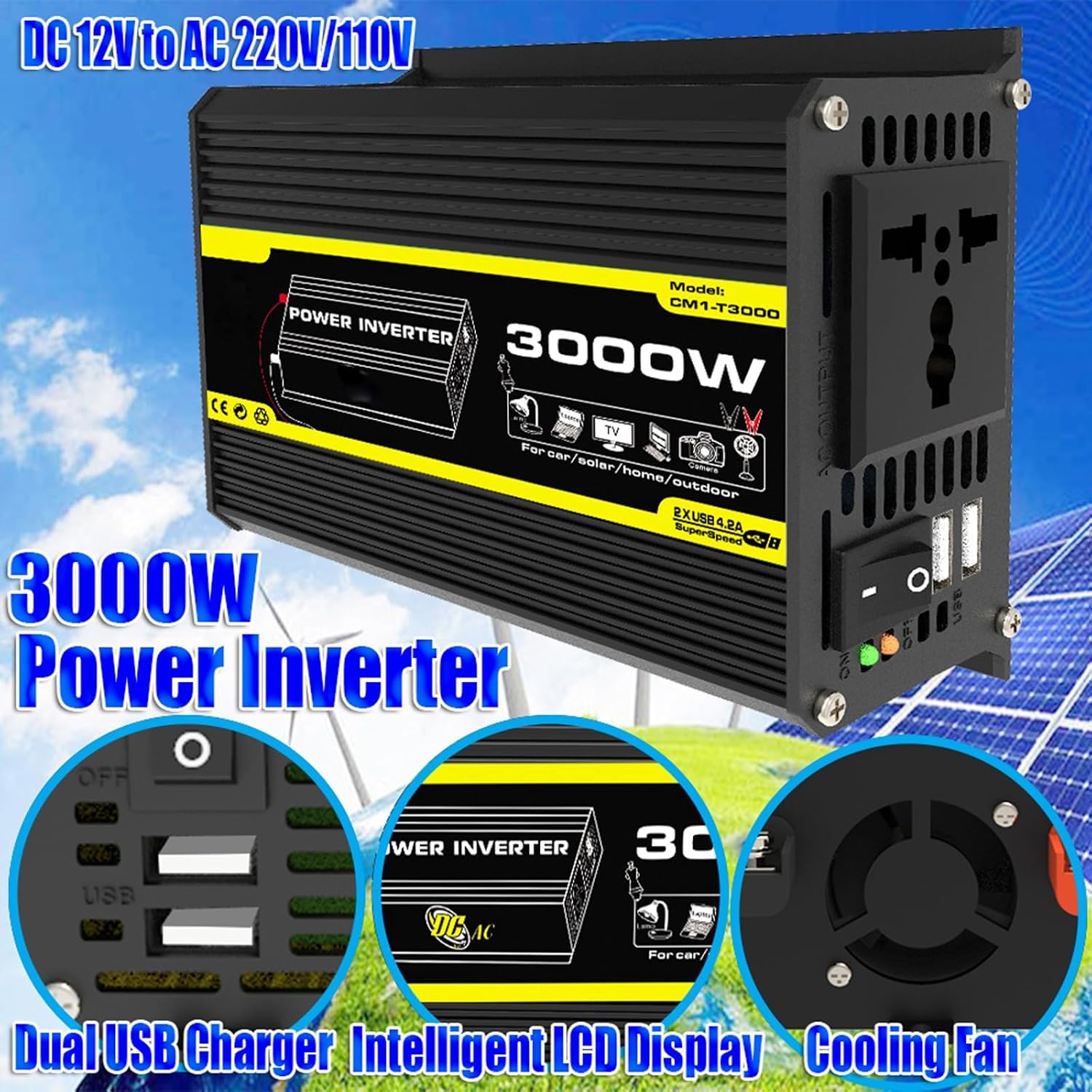 3000W Solar Power System Kit - 12V to 110V/220V Inverter, 75W Folding Solar Panel, 50A Charge Controller, Portable Solar Generator for Home & Off-Grid Use (Black)