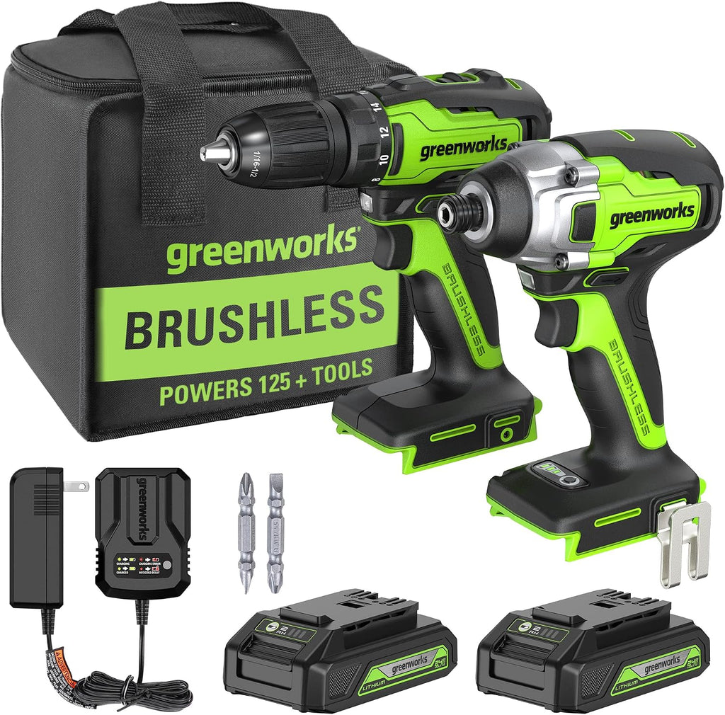 Greenworks 24V Brushless Drill / Impact Driver Combo Kit, (2) 1.5Ah USB (Power Bank) Batteries and Charger Included LED Light, 2pcs Driving Bits with Tool Bag