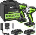 Greenworks 24V Brushless Drill / Impact Driver Combo Kit, (2) 1.5Ah USB (Power Bank) Batteries and Charger Included LED Light, 2pcs Driving Bits with Tool Bag