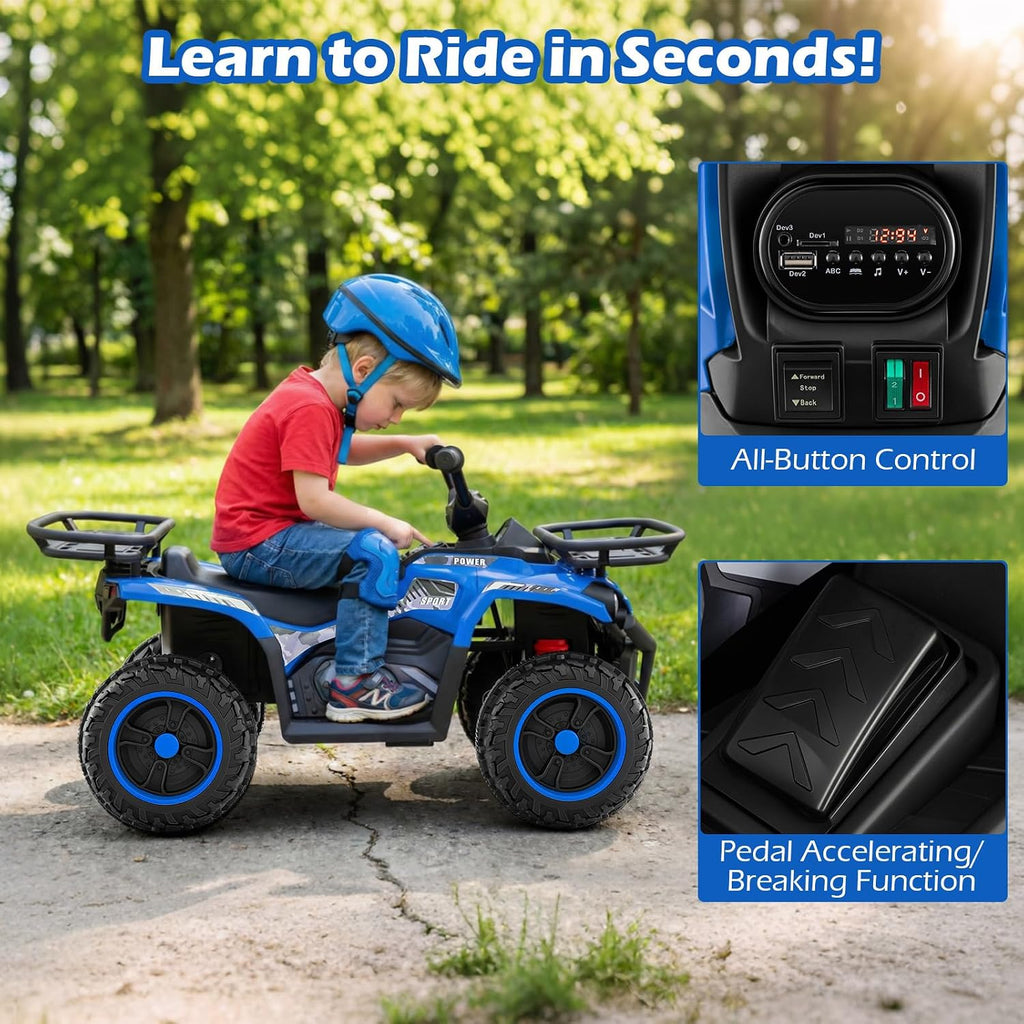 OLAKIDS 12V Kids ATV Quad with 2 Speeds, Spring Suspension, LED Lights, Music & Story Player, Big Tires, 2 Storage Spaces, Ride On Car for Boys Girls Ages 3+(12V, Blue)