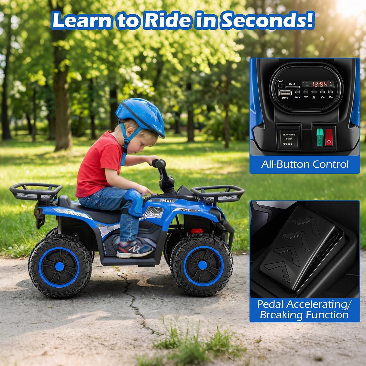 OLAKIDS 12V Kids ATV Quad with 2 Speeds, Spring Suspension, LED Lights, Music & Story Player, Big Tires, 2 Storage Spaces, Ride On Car for Boys Girls Ages 3+(12V, Blue)