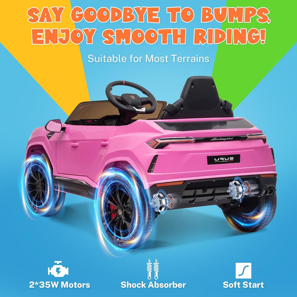 ENYOPRO 12V Licensed Lamborghini Urus Ride On Car, Electric SUV Car Power Wheel Toy w/Parent Remote Control, Music Player, FM Radio, LED Headlights, Soft Start, 2.5MPH Max Speed for Kids (Pink)