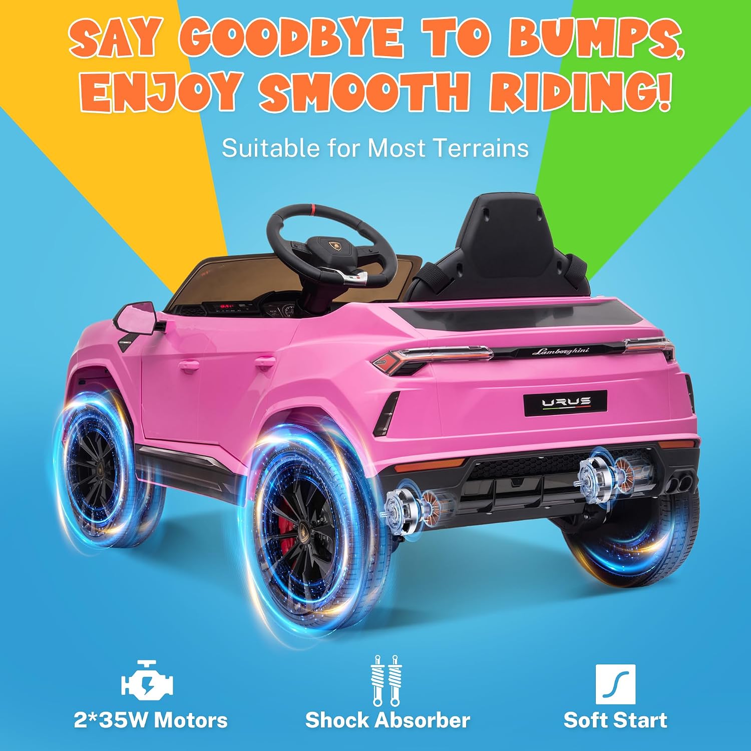 ENYOPRO 12V Licensed Lamborghini Urus Ride On Car, Electric SUV Car Power Wheel Toy w/Parent Remote Control, Music Player, FM Radio, LED Headlights, Soft Start, 2.5MPH Max Speed for Kids (Pink)