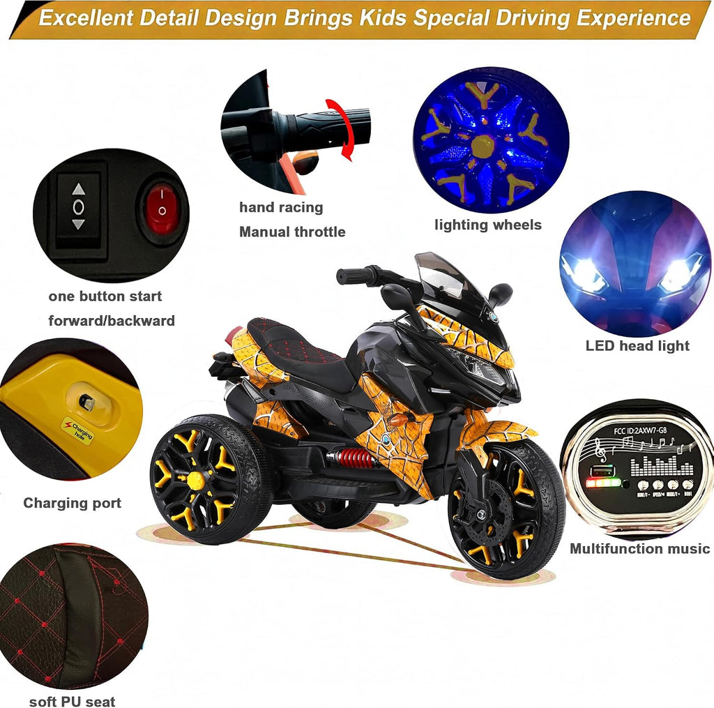 12V Kids Electric Motorcycle with Training Wheels | Plastic, PU seat, manual throttle, foot brake, USB, MP3, phone link, light-up wheels, ages 3-6, 45.3 W x 23.2 D x 28.7 H in