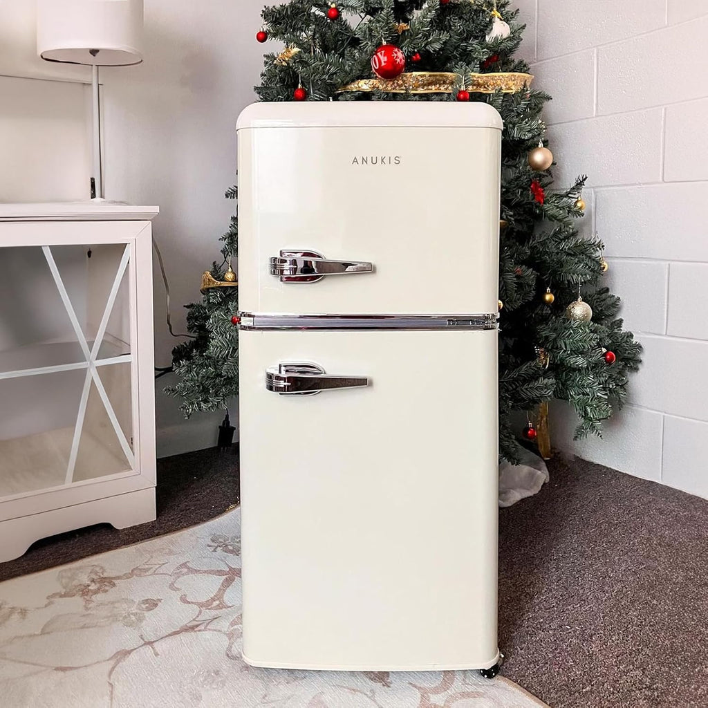 Anukis Mini Fridge with Freezer 3.2 Cu Ft 2 Door Compact Refrigerator for Apartment, Dorm, Office, Family, Basement, Garage - Retro Cream