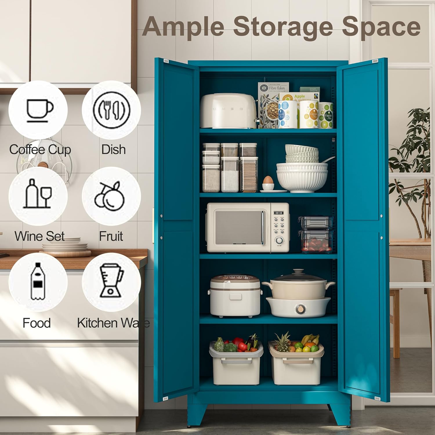 71H Tall Metal Storage Cabinet with 2 Doors and 5 Shelves, Farmhouse Storage Cabinet with Barn Doors, Pantry Storage for Home, Office, Bathroom, Dining Room, Kitchen (Blue)