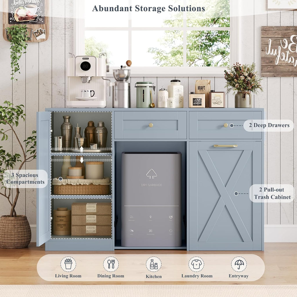 HOSTACK 12.5 Gallon Kitchen Trash Cabinet, 47' Double Trash Can Cabinet, Large Pull Out Can Storage Drawers, Wood Farmhouse Hidden Garbage Storage Buffet for Kitchen, Dining Room, Blue
