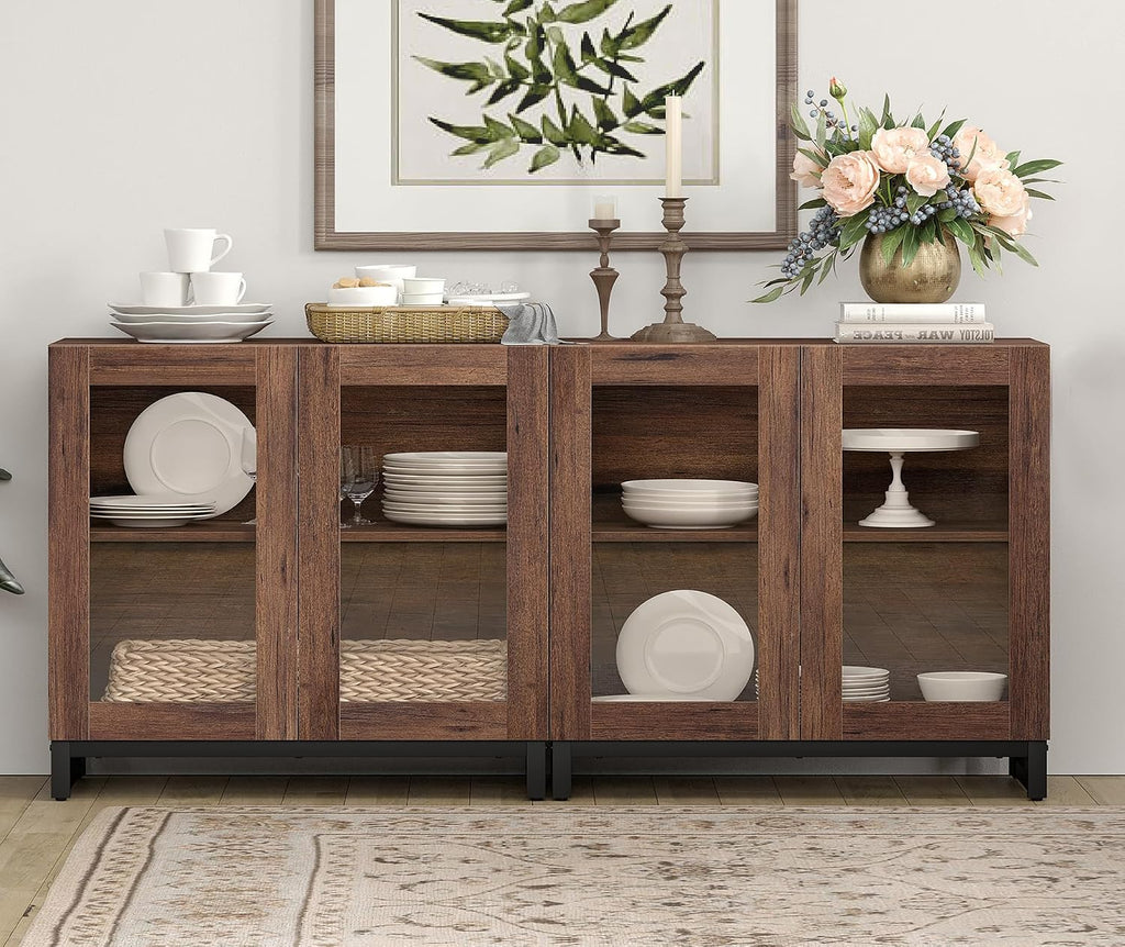 WAMPAT Sideboard Buffet Cabinets, Modern Credenza Sideboard with Adjustable Shelf and Metal Base, Coffee Bar Cabinet Accent Storage Cabinet for Living Room, Kitchen, Brown-A, 2 Pcs
