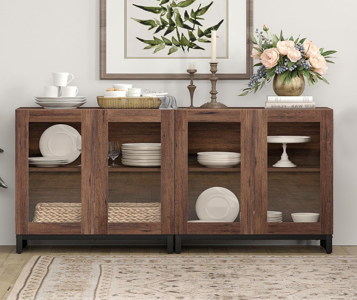 WAMPAT Sideboard Buffet Cabinets, Modern Credenza Sideboard with Adjustable Shelf and Metal Base, Coffee Bar Cabinet Accent Storage Cabinet for Living Room, Kitchen, Brown-A, 2 Pcs