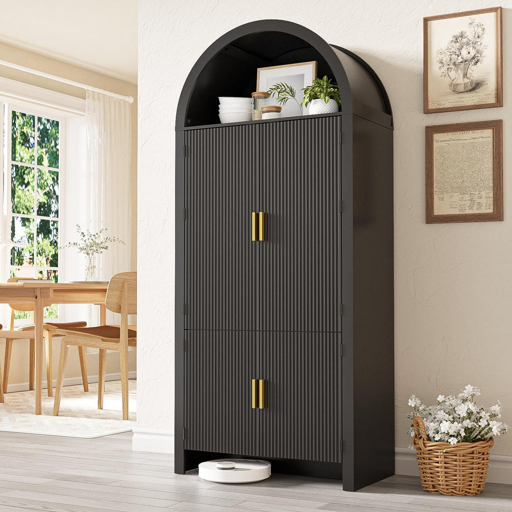 Arched Cabinet, 71' Tall Arched Kitchen Pantry Storage Cabinet with Doors, Modern Fluted Kitchen Storage Cabinet with Adjustable Shelves, Black Cupboard for Kitchen, Dining Room, Bathroom