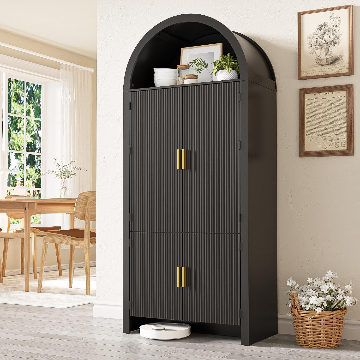 Arched Cabinet, 71' Tall Arched Kitchen Pantry Storage Cabinet with Doors, Modern Fluted Kitchen Storage Cabinet with Adjustable Shelves, Black Cupboard for Kitchen, Dining Room, Bathroom