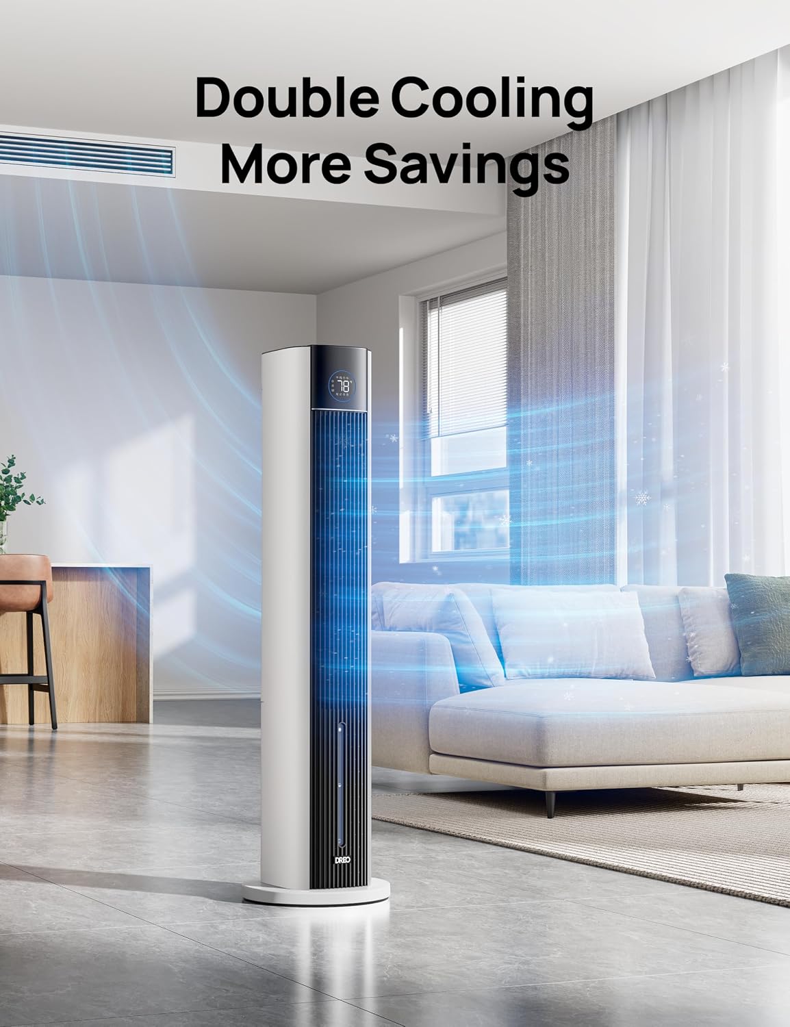 DREO Tower Fan for Bedroom, 43' Cooling Fans That Blow Cold Air 2025 Upgraded, Evaporative Air Cooler, Quiet 85° Oscillating Floor Fan, Easy Cleaning, APP Control, 4 Modes & 4 Speeds, 12H Timer, White