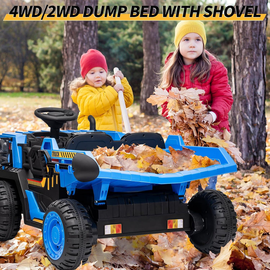 24V Kids Ride On Dump Truck with R/C, 2 Seater Electric Car - 2WD/4WD Powerful Motors, 4.4 Mph, Electric Dump Bed & Shovel, EVA Tires, Music Player, Soft Start, 19' Spacious Seat (Blue)