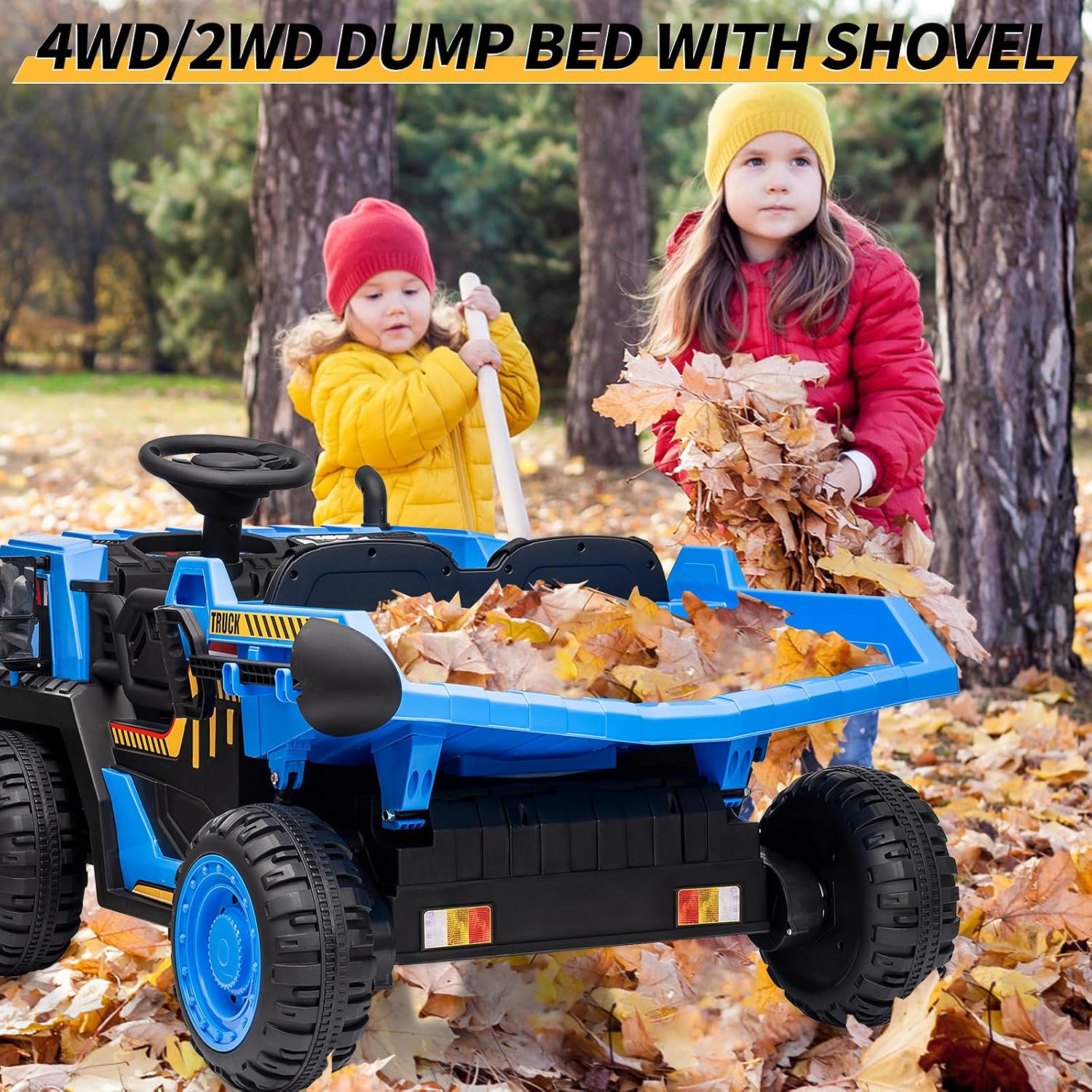 24V Kids Ride On Dump Truck with R/C, 2 Seater Electric Car - 2WD/4WD Powerful Motors, 4.4 Mph, Electric Dump Bed & Shovel, EVA Tires, Music Player, Soft Start, 19' Spacious Seat (Blue)