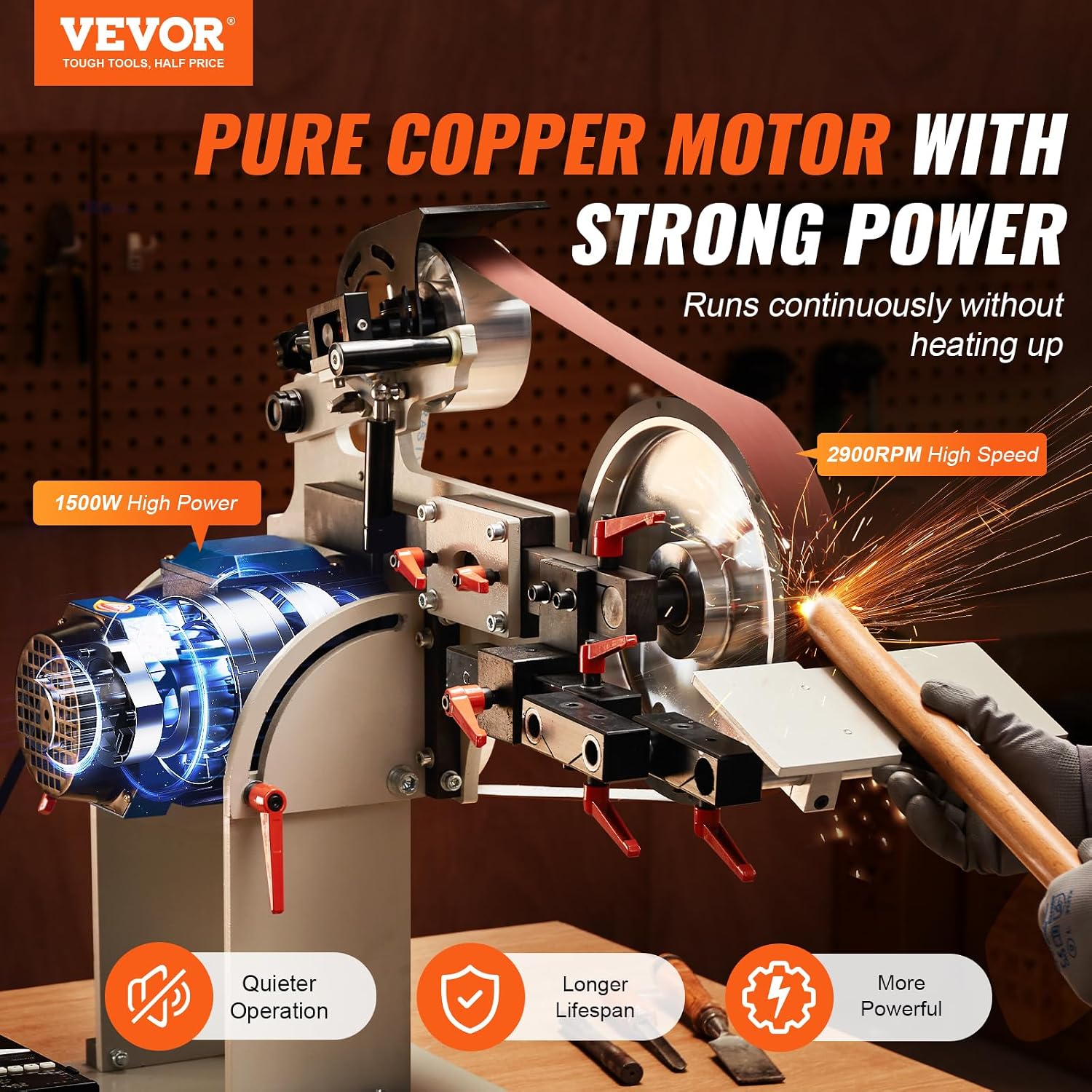 VEVOR Belt Grinder Sander, 72 x 2-Inch Variable Speed Belt Polisher with VFD, 1500W Knife Sharpener with 3 Grinding Moulds & 3PCS Sanding Belts for Metalworking, Compatible with 72'- 82 * 2' Belts