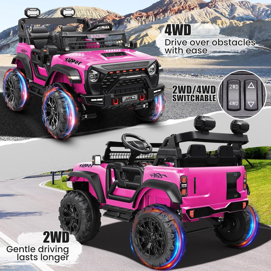Hikole 24V Ride on Car with Remote Control, 2 Seater Electric Car for Kids w/20 Inch Wide Seat, 4x100W Motor, LED Headlight & Music Player, Power Car Wheels Ride on Toys for Boys Girls, Pink