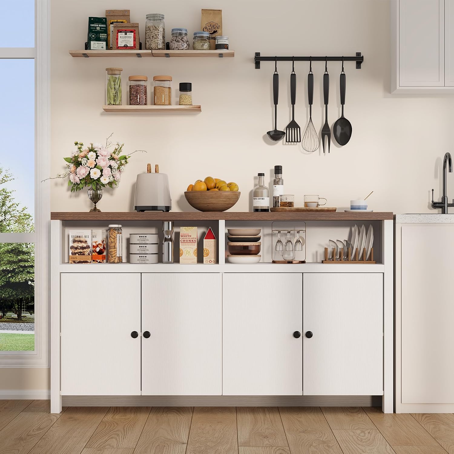 Garvee Sideboard Buffet Cabinet with Storage, 55'' Large Farmhouse Kitchen Storage Cabinet with 4 Doors & Adjustable Shelves, Wood Coffee Bar Cabinet for Dining Room, Entryway, Living Room, White