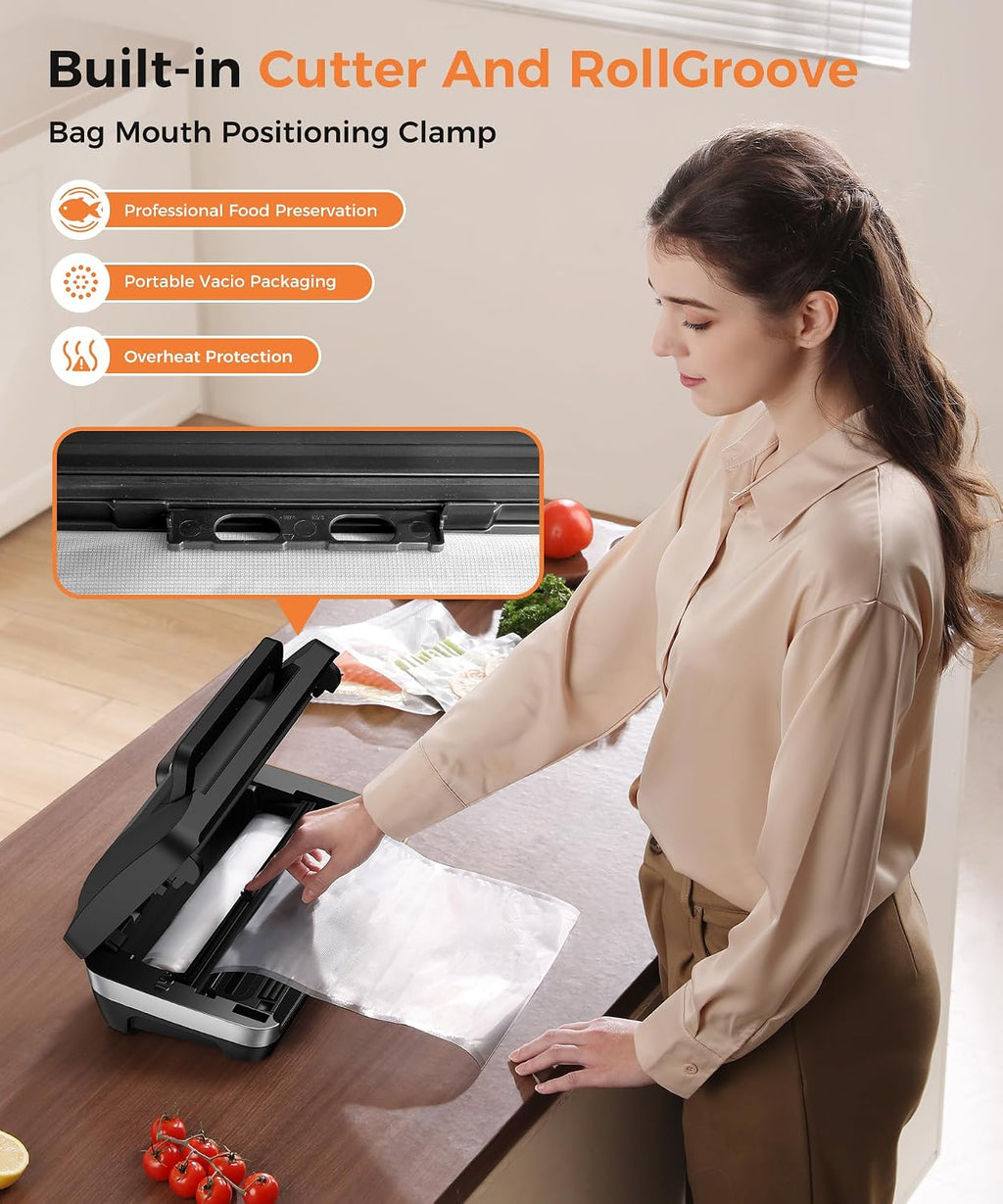 95kpa Vacuum Sealer Machine,Commercial Full Automatic Food Sealer,Powerful Sealing System with Double Heat Seal,Bags Storage, Easy-Lock Handle,Build-in Cutter,1 Bag Rolls and 10 Pre-cut Bags(Silver)