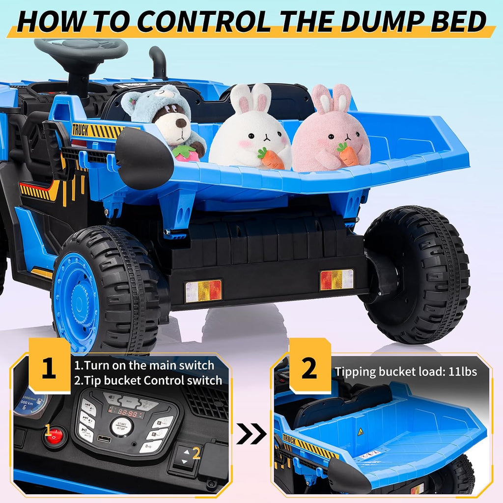 24V Kids Ride On Dump Truck with R/C, 2 Seater Electric Car - 2WD/4WD Powerful Motors, 4.4 Mph, Electric Dump Bed & Shovel, EVA Tires, Music Player, Soft Start, 19' Spacious Seat (Blue)