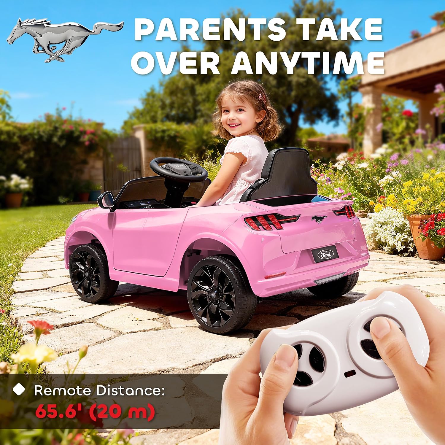 Qaba 12V Kids Ride On Car, Licensed Ford Mustang Mach-E Electric Car with Remote Control, 3 Speeds, LED Light, Music, Bluetooth, Suspension Wheels, Battery Powered Toy for Ages 3–5 Years, Pink