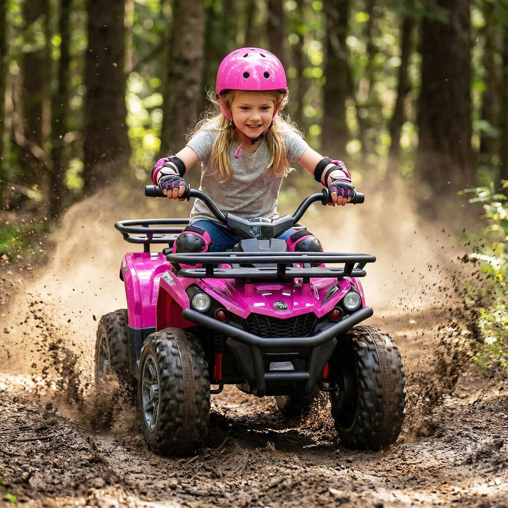 OLAKIDS 12V Kids ATV Quad with 2 Speeds, Spring Suspension, LED Lights, Music & Story Player, Big Tires, 2 Storage Spaces, Ride On Car for Boys Girls Ages 3+ (24V, Light Pink)