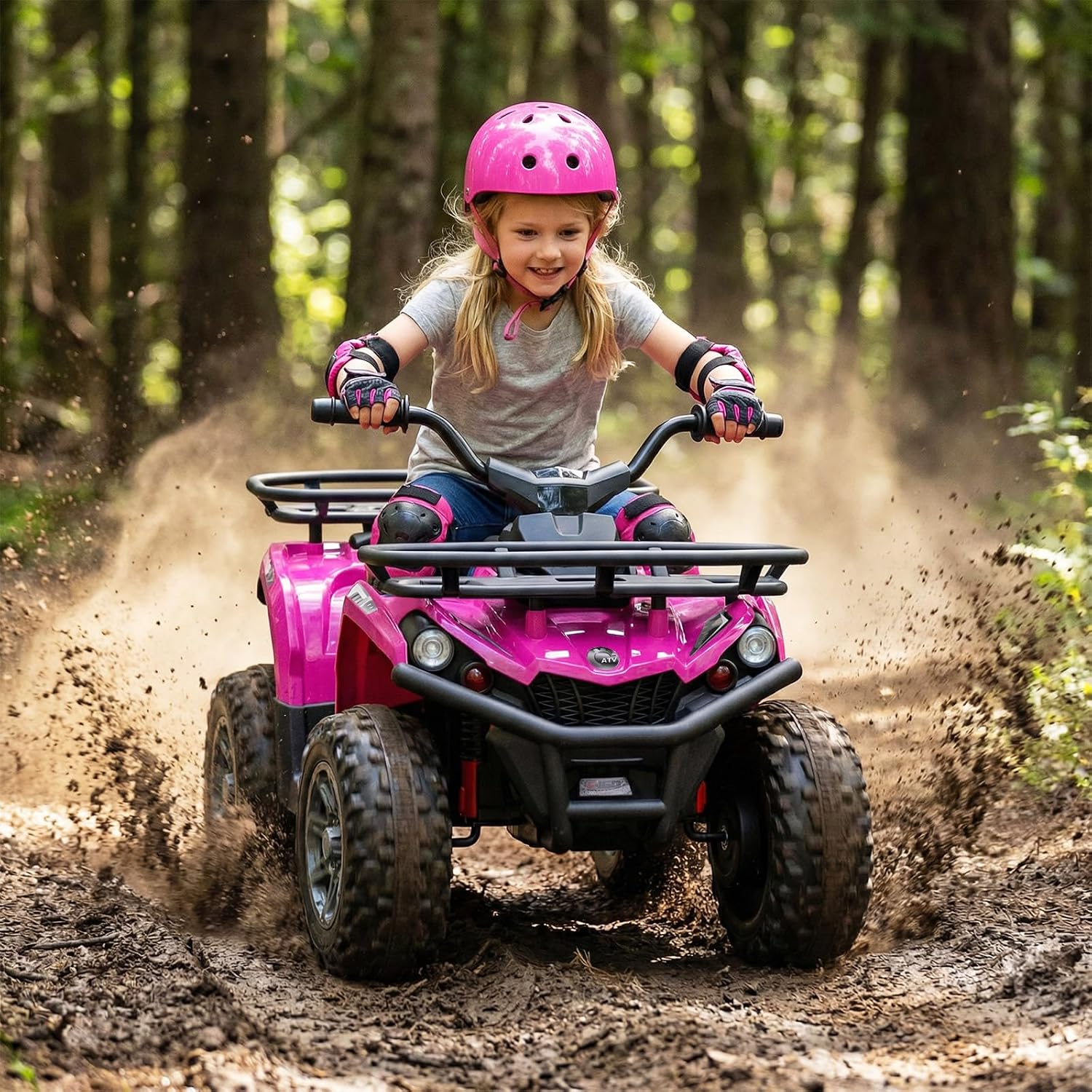 OLAKIDS 12V Kids ATV Quad with 2 Speeds, Spring Suspension, LED Lights, Music & Story Player, Big Tires, 2 Storage Spaces, Ride On Car for Boys Girls Ages 3+ (24V, Light Pink)