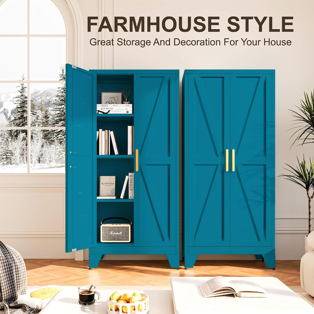 Baborokic 61H Metal Storage Cabinet with 2 Doors and Adjustable Shelves,Farmhouse Storage Cabinet with Barn Doors,Pantry Storage for Home,Office,Dining Room,Kitchen(Blue)