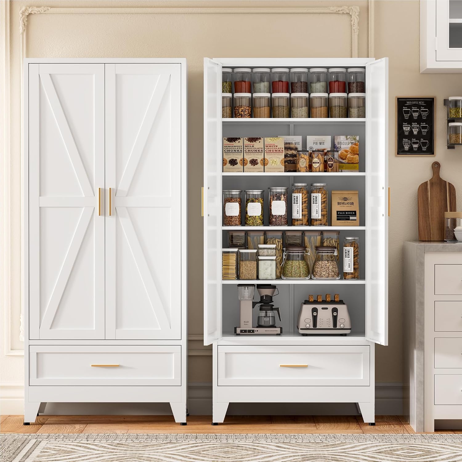 71'Tall Metal Storage Cabinet with Drawer and 4 Adjustable Shelves,Farmhouse Kitchen Pantry Storage Cabinet with Doors, Freestanding White Locker Cabinets for Office,Dining Room,Bathroom(White)