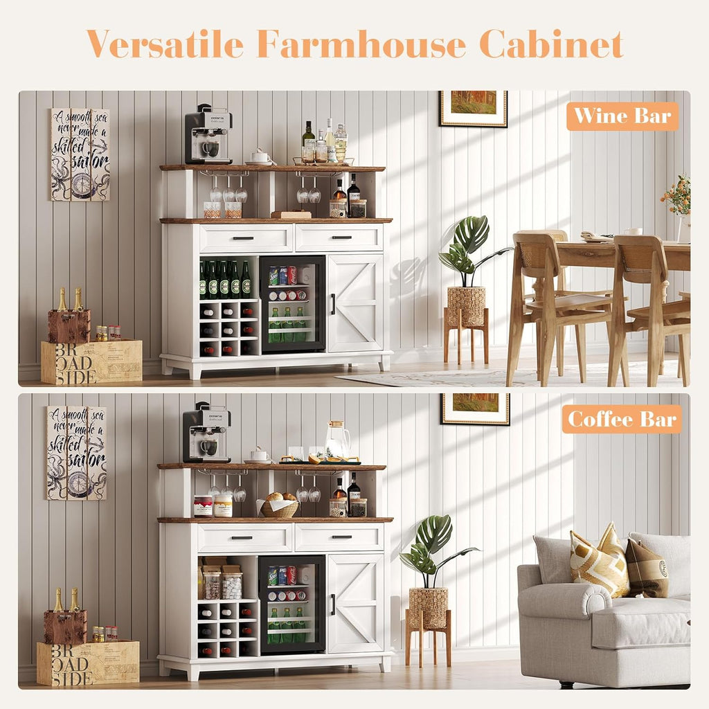 AMERLIFE 47' Farmhouse Coffee Bar Cabinet with 15' Refrigerator & Wine Rack & Glass Holder, Wine Cabinet with Storage Drawers & Open Shelves, Sideboard Buffet Cabinet for Dinging Room, Living Room