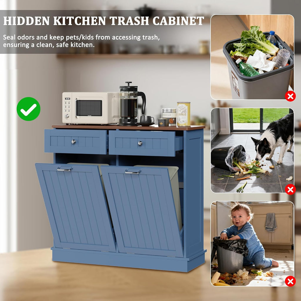 KIGOTY Double Tilt Out Trash Can Cabinet, 20 Gallon Hidden Trash Storage Cabinet with 2 Hideaway Drawers, Freestanding Trash Can for Kitchen, Wooden Laundry Hamper Cabinet, Pet Proof (Blue)