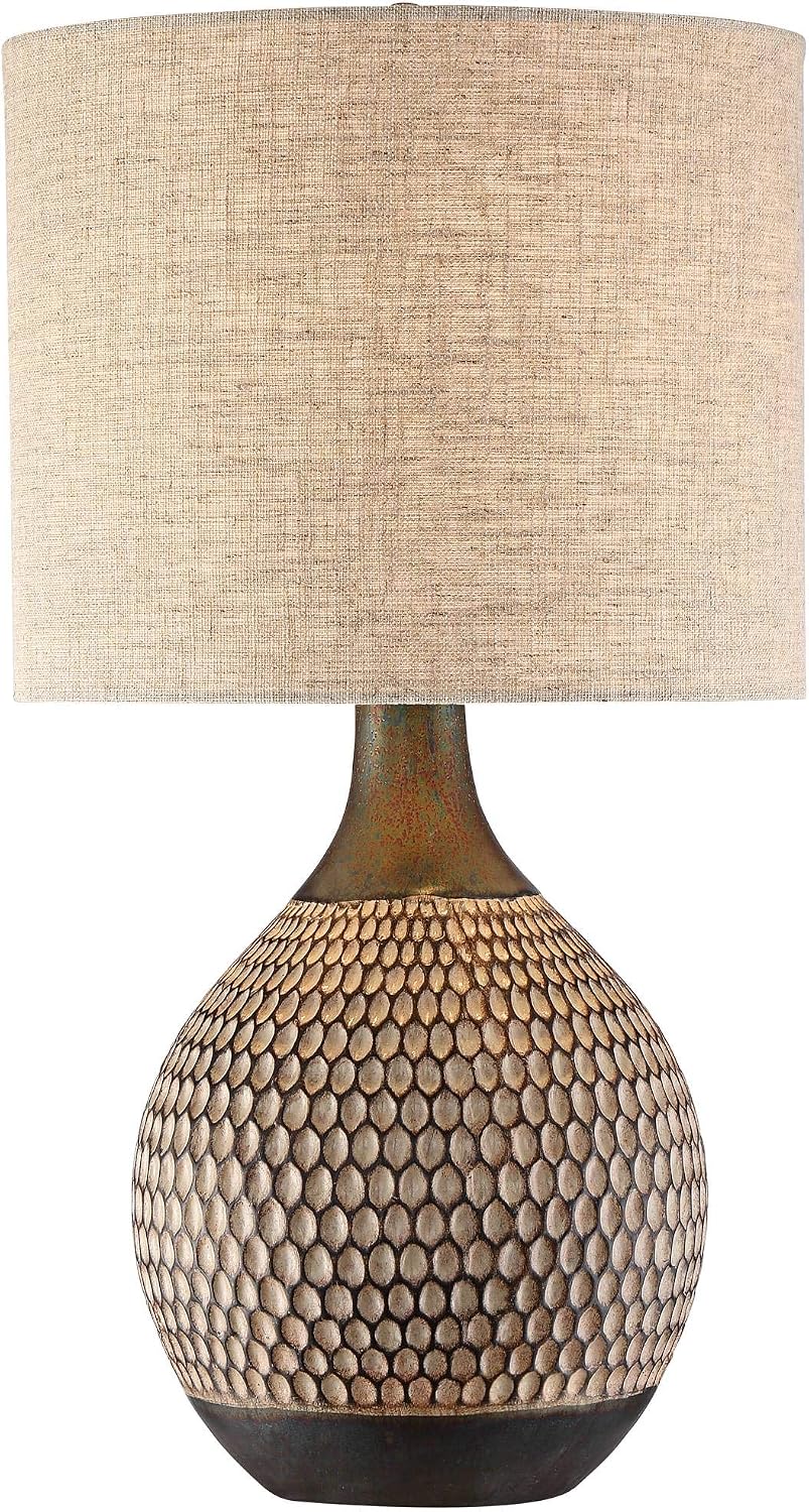360 Lighting Emma Mid Century Modern Style Accent Table Lamp 21' High Brown Textured Wood Ceramic Oatmeal Fabric Drum Shade Cottage Core Decor for Living Room Bedroom House Bedside Nightstand Home