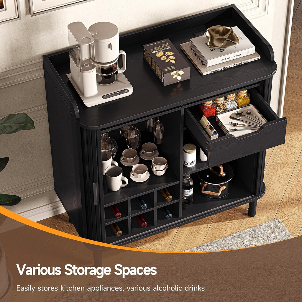 ONBRILL Fluted Bar Cabinet, Mid Century Modern Coffee Bar Cabinet, Wine Cabinet with Storage, Liquor Cabinet with Charging Station and Wine Racks Glass Holder for Home Living Room Kitchen Black