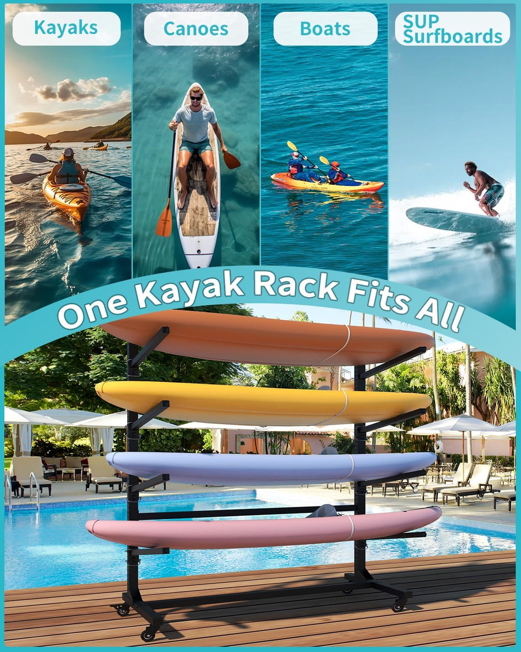 Kayak Rack, Heavy Duty Freestanding Kayak Storage Rack with Movable Wheels, Adjustable Rust-Proof Outdoor Kayak Rack for Holds Kayaks, Canoes, SUPs & Paddleboards.