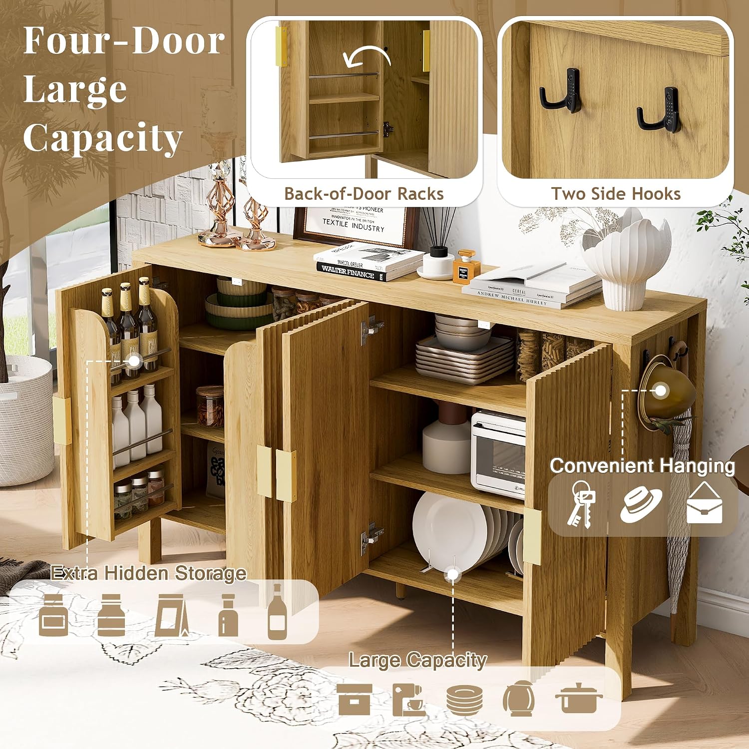 Virubi 58' Fluted Sideboard Buffet Cabinet with Storage,Doors and Adjustable Shelves,Wood Modern Modern Sideboard for Living Room,Kitchen,Entryway,Natural Wood